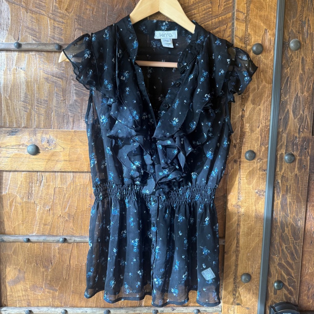 Kirra Floral Blouse Women S Black Ruffle Smocked Waist Sheer Peplum Top Business